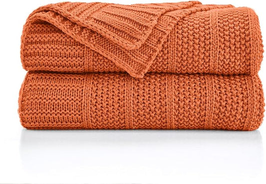 Douceur Orange Throw Blanket for Bed, Soft Cozy Lightweight Stripe Pattern Knitted Throw Blanket for Sofa, Living Room Gift, 50"X60"