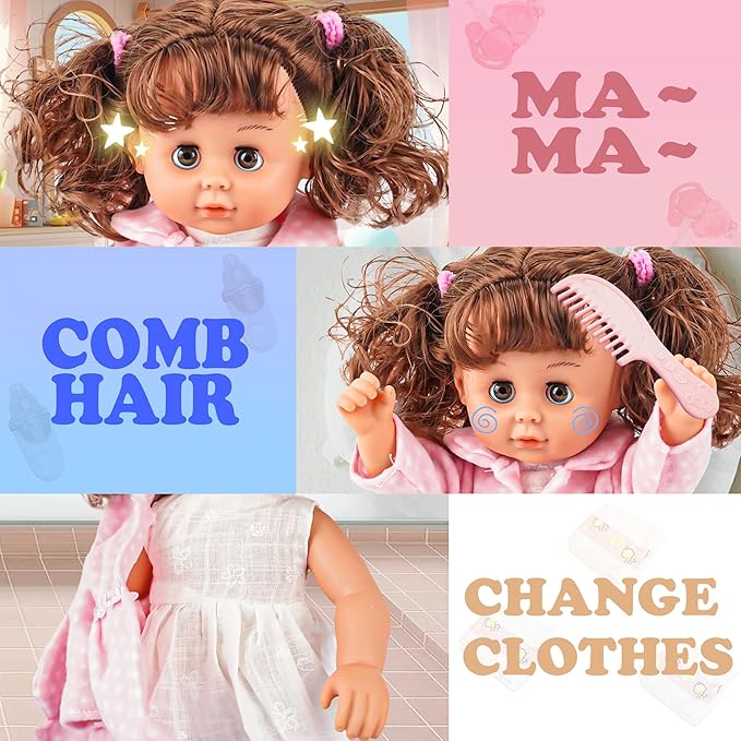 SMILESSKIDDO Baby Doll, 12 inch Interactive Talking Baby Dolls with Hair, 12 Sounds and Accessories, Pretend Play Preschool Babies Toys Gift for Girls 2 3 4 5 6+ Years Old