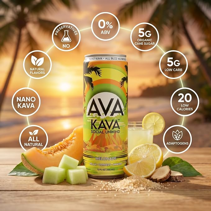AVA Kava | Alcohol-Free Relaxation Drink | Melonade | Fast Acting Nano Kava • Zero Sugar Alcohols • Vegan • Plant Based • No Preservatives • Natural Flavors • Non GMO • Gluten Free | 12oz Cans (12-Pack)