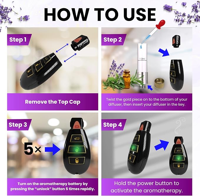 Discreet Car Key Aromatherapy Battery, Portable Universal Thread Diffuser for On-the-Go Relaxation, Rechargeable Keychain Wellness Tool, Gift for Birthday, Holiday, or Everyday Use (Black and Gold)
