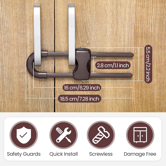 Jetec 10 Pack Baby Cabinet Locks, No Adhesive No Drill Child Safety Locks for Cabinets with Knobs or Handles, Adjustable U-shaped Child Proof Latches for Cupboards, Fridge, Closet, Pets(Brown,White)