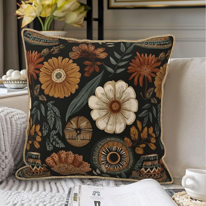 KSLIDS Boho Flower Soft Velvet Throw Pillow Covers Set of 2 Modern Abstract Retro Bohemian Flower Decorative Pillow Covers 20x20 Inch Mid Century Tropical Leaves Pillow Case for Sofa Couch Home Decor