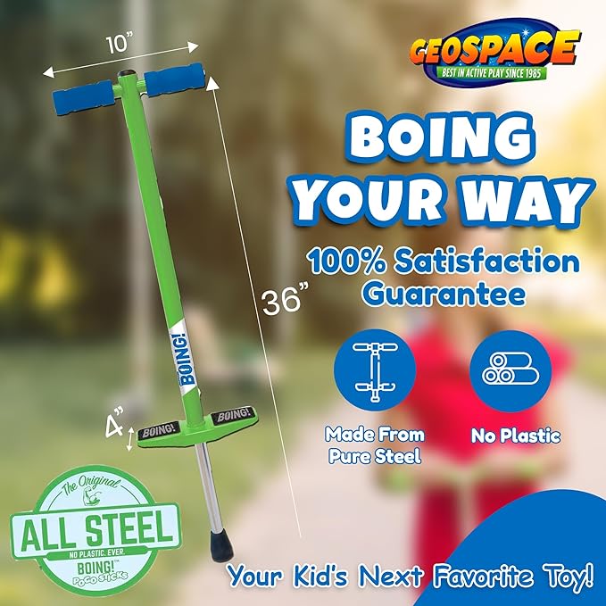 Geospace Jumparoo BOING! JR. Steel POGO STICK by Air Kicks, Small for Kids 50 to 90 Lbs - Active Play Outdoor Fun that Promotes Exercise & Balance Skills (Green)