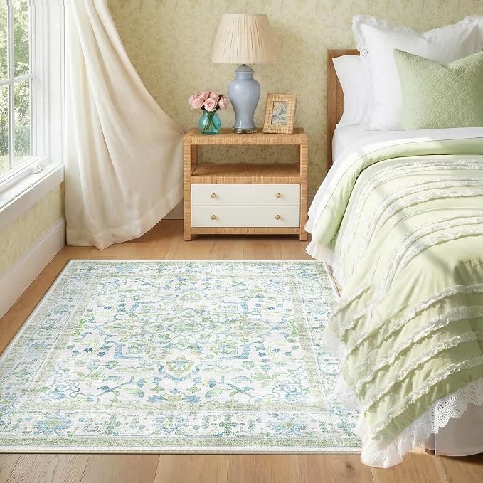 CAPALOCA Square 4ft Washable Nursery Girls Low Pile Area Rug Green Blue | Non-Slip Soft Rugs for Bedroom Kids Playroom Living Room, Print Pattern Water Repellent Carpet Indoor Decor