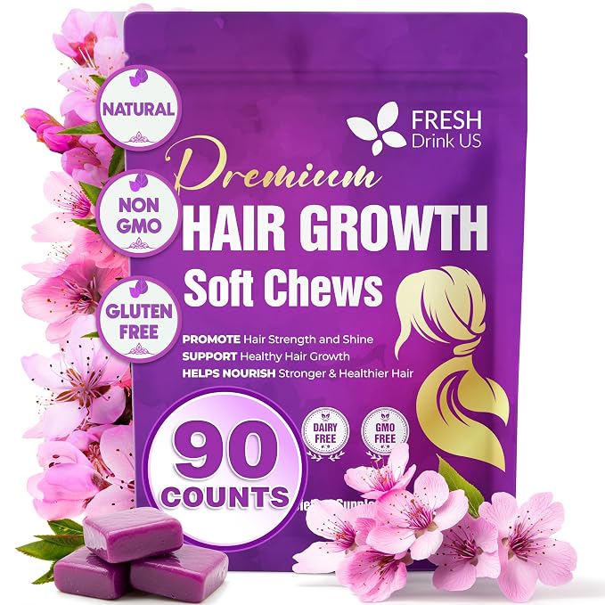 FreshDrinkUS, Premium Hair Growth Soft Chews | 90 Count | Daily Beauty Soft Chews – Delicious Chewable Formula for Everyday Hair Care Routine – Non-GMO, Gluten Free, Dairy Free