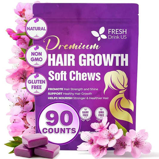 FreshDrinkUS, Premium Hair Growth Soft Chews | 90 Count | Daily Beauty Soft Chews – Delicious Chewable Formula for Everyday Hair Care Routine – Non-GMO, Gluten Free, Dairy Free