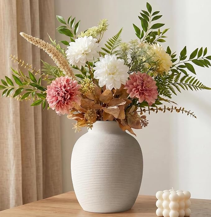White Ceramic Vase for Flowers, 8in Waterproof Pottery Ceramic Vases | Flower Terracotta Vases for Farmhouse Table Centerpieces, Home Decor, Living Room