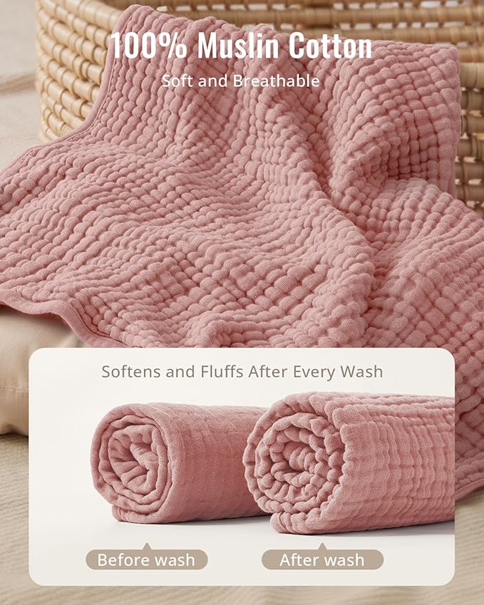 Blissful Diary Muslin Baby Hooded Towel 2 Pack, Soft & Absorbent Bath Towel for Baby Girls, Infant Gift, Newborn Essentials, Pink Floral & Light Pink