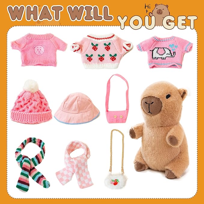 Capybara Plush with 10 Pcs Clothes & Accessories,Christmas Stuffed Animals, 10.2 in Cute Capybara Plush Toys,Birthday Gifts&Dress Up Cute Plushies for Boys/Girls (Spring-B)
