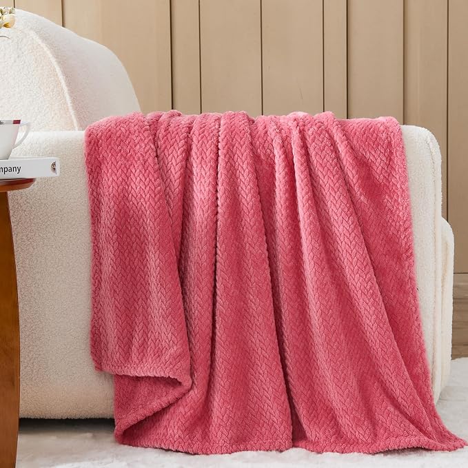 NEWCOSPLAY Fleece Leaves Pattern Queen Blanket, Coral Pink, 90"x90" | Super Soft Throw Blanket, Lightweight Cozy Bed Sofa Blanket, Premium Silky Flannel Fleece, Travel Blanket for All Season Use
