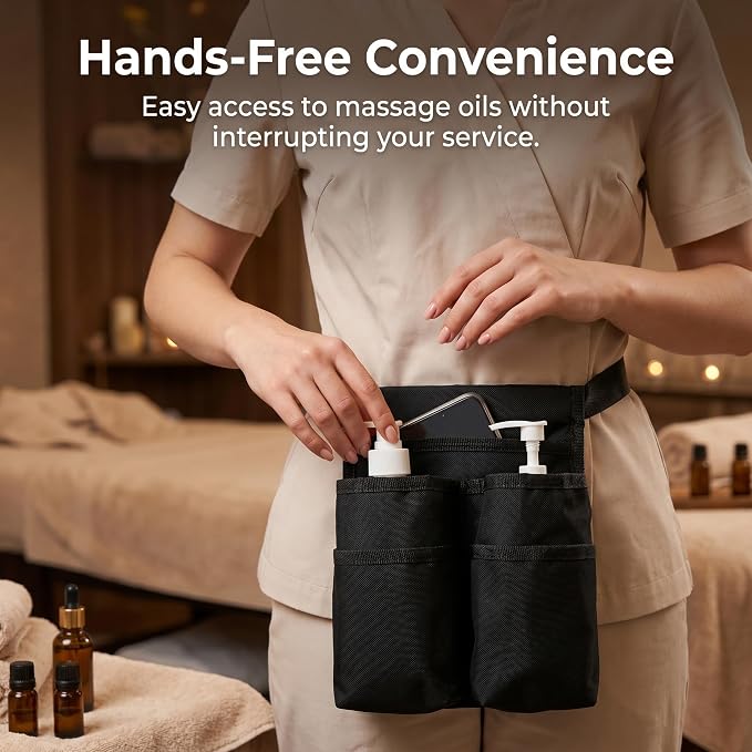 Massage Oil Holster Belt for Therapists, Massage Bottle Holder Waist Bag with Adjustable Belt, Massage Lotion Holster Organizer with Multi Pockets for Massage Therapy Supplies & Table Accessories