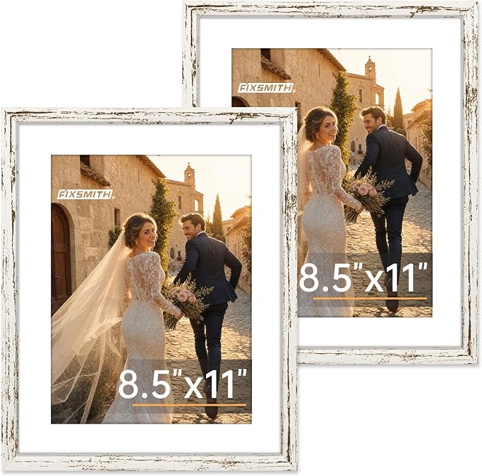 FIXSMITH 8.5x11 Picture Frame 2 Pack, Distressed White Photo Frame with HD Plexiglass, Display Pictures 6x8 with Mat or 8.5x11 Without Mat, Distressed White Picture Frames Collage Wall Decor, Gallary Wall Frame