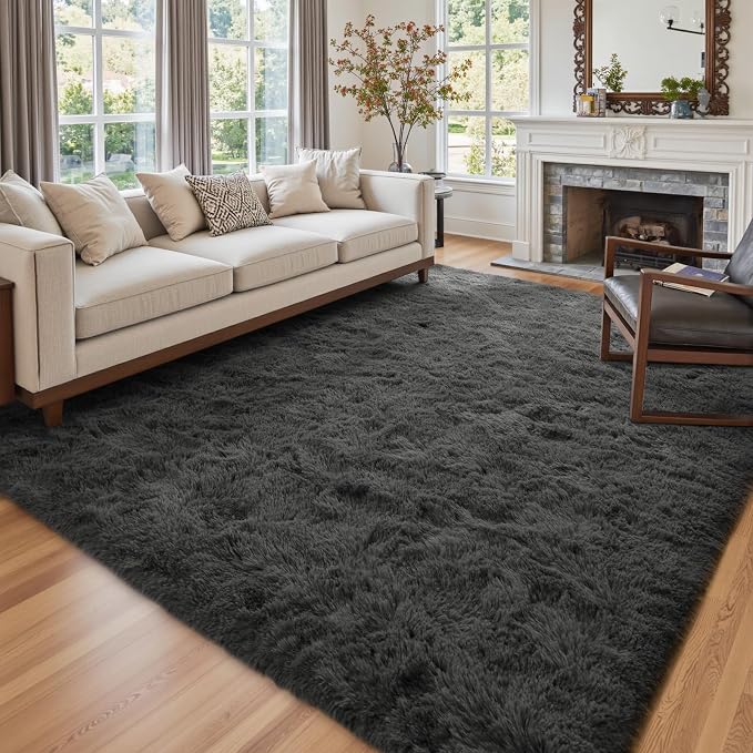 9x12 Ft Extra Large Shag Rugs for Living Room, Ultra Soft Fluffy Furry Area Rugs for Bedroom Indoor Floor, Aesthetic Carpet for Kids Home Decor (Dark Grey)