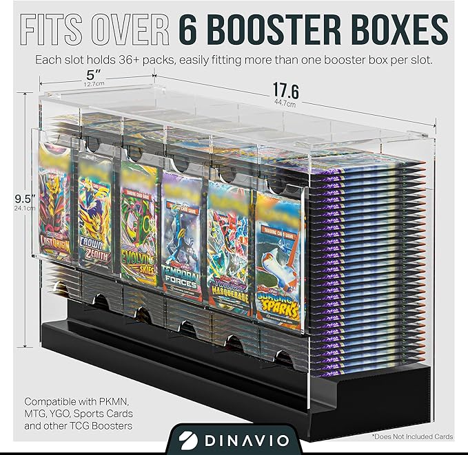 Dinavio Crafthouse 6-Slot Booster Pack Dispenser with Black Base - Fits 240 Booster Packs for Dispensing - Compatible with TCG Trading Card Boosters and Sports Card Boosters - 4mm Acrylic Stackable