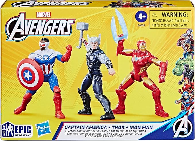 Marvel Avengers Epic Hero Series Team-Up Gift Pack, 4-Inch-Scale (10cm) Captain America, Thor, Iron Man Action Figures, Toys for Kids Ages 4 and Up (Amazon Exclusive)
