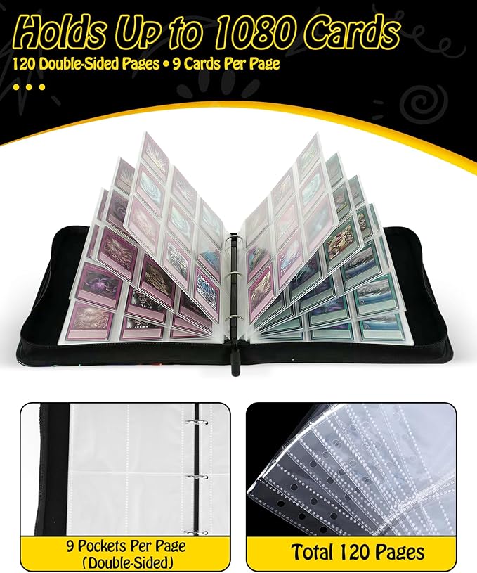 Trading Card Binder, 9-Pocket, Holds 1080 Cards, 120 Pages Side-Loading Card Album, PU Leather, Acid-Free Archival Sleeves, Durable Organizer for MTG, TCG & Sports Cards, Gift for Kids, Boys and Girls