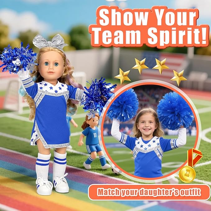 ARTST Cheer Uniform Doll Outfit-18 inch Doll Clothes & Accessories Set Including Pom Poms,Shoes,Socks and Hairbow,Sport Gifts for Girls Age 6+(Blue and White)