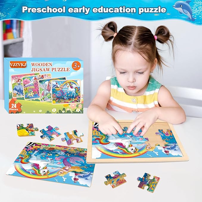 Wooden Puzzles for Kids Ages 4-6, 4 Packs 24 PCs Unicorn Mermaid Princess Jigsaw Puzzles, Preschool Educational Puzzles Toys Gifts for Girls 3 4 5 6 Years Old.