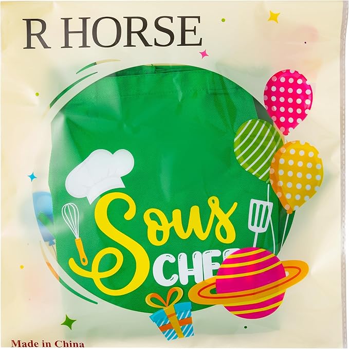 Kid Apron and Chef Hat Set - R HORSE 2Pcs Adjustable Children Green Kitchen Apron, Dress up Role Play Chef Toy Cooking Baking Painting and Training Kits Kid Funny Cooking Gift Birthday Gift for Kids