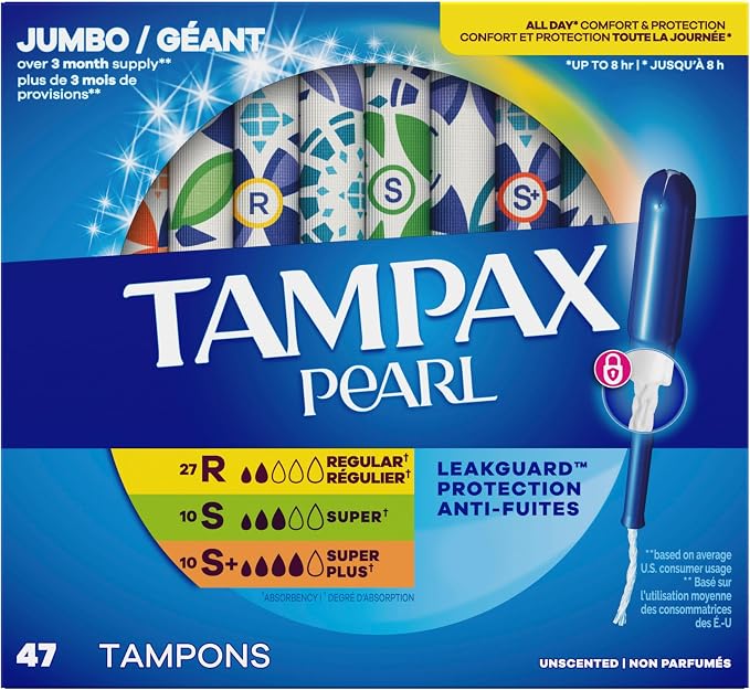 Tampax Pearl Tampons for Women Multipack, with LeakGuard Braid, Regular/Super/Super Plus Absorbency, Unscented, 47 Count