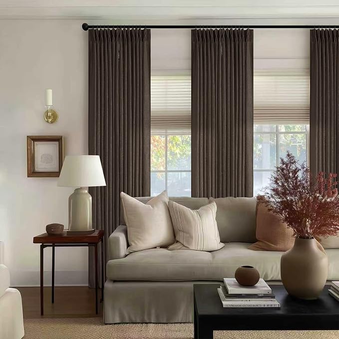 Dark Chocolate 84 Inch Pinch Pleated Semi Sheer Linen Curtains 2 Panels | for Living Room Bedroom, Memory Training Shaped, Light Filtering, Pinch Pleat Drapes with Hooks Rings, Window Curtains 40x84