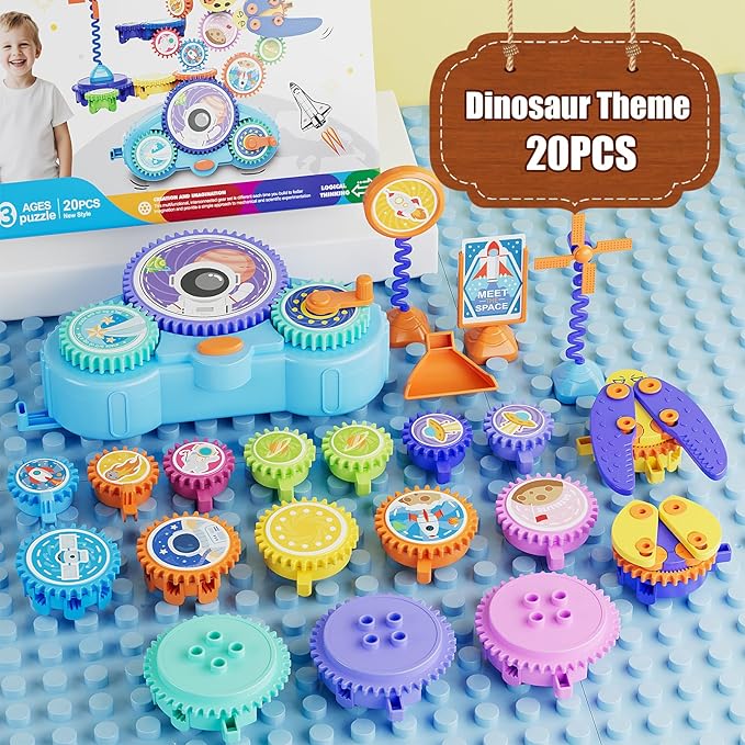STEM Gears Toys for Kids Ages 3+, Creative Learning Building Blocks, 20Pcs Educational Construction Toy Set, Electric & Manual Dual Mode, Versatile Gear Playset Gift for Boys & Girls
