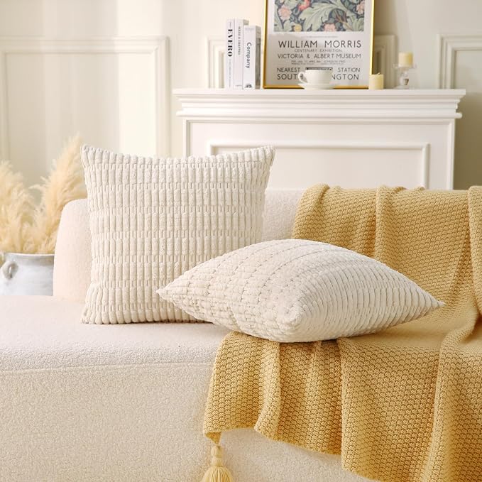 2 Pack Corduroy Decorative Throw Pillow with Inserts, 18x18 Inch Soft Boho Throw Pillow, Square Striped Throw Pillows for Couch, Bed, Sofa Decor(Beige)