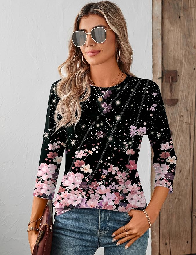 LOMON 3/4 Length Sleeve Womens Tops Spring Summer Fashion 2026 Tops Crew Neck Pleated Shirts Tunic Top Loose Fit