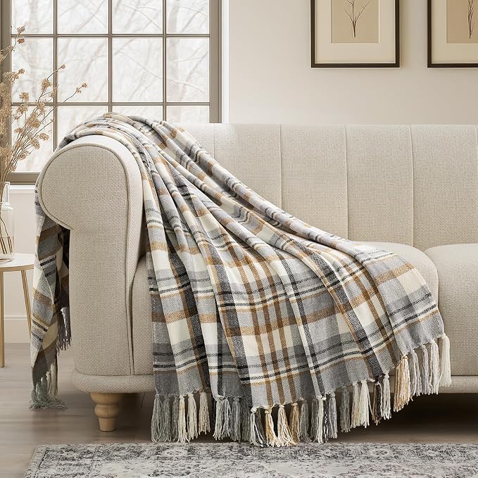 Plaid Chenille Knit Throw Blanket, 50"x60", Grey & Beige | Super Soft Knitted Throw with Tassels, Cozy, Decorative Farmhouse Plaid, Lightweight, Ideal for Couch Bed Gift Home Decor