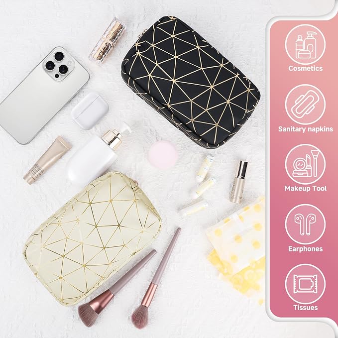Tampon Holder for Purse Period Bag Waterproof Geometric PU Sanitary Napkin Storage Bag Portable Menstrual Cup Pad Pouch Cute Makeup Bag Feminine Gift Black Gold