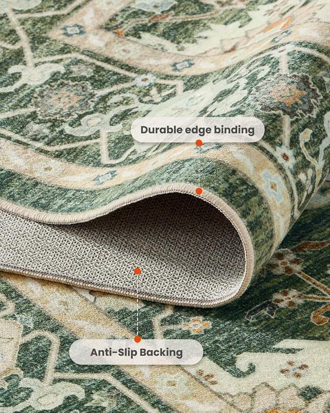 AMADA HOMEFURNISHING 8x10 Area Rug for Living Room, Vintage Washable Area Rug Low-Pile & Non-Slip Carpet for Bedroom Dining Room Nursery Home Office, Olive Green