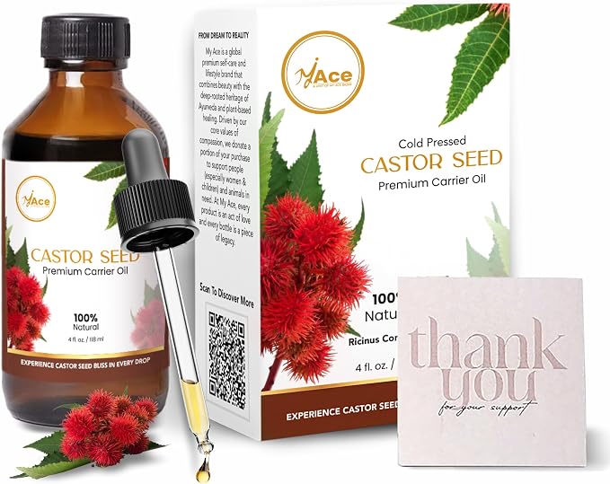 My Ace Castor Carrier Oil 4 Fl Oz - 100% Pure & Natural - Premium Grade, Cold Pressed Unrefined for Skin & Face Care, Hair Growth, Facial & Body Massage, Scalp Treatment, Stretch Marks & Aromatherapy