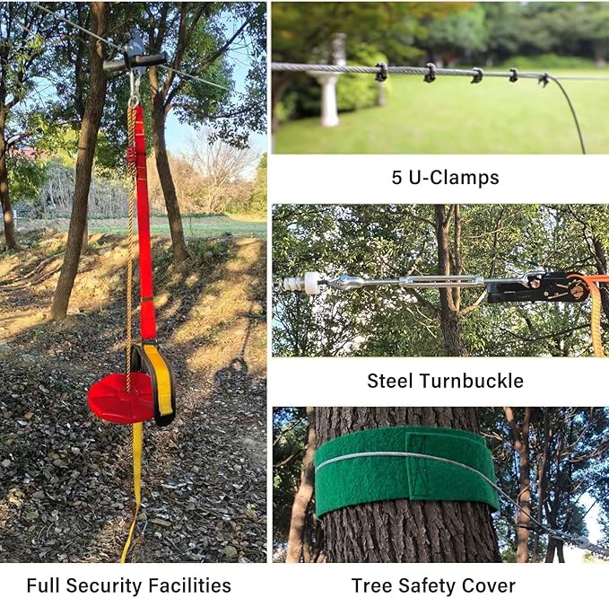 110/130/150/180ft Zipline Kit for Kids and Adults 350Lbs Backyard, Zip Line Stainless Steel Spring Brake, Adjustable Seat, Dual Tightening, Easy Installation Outdoor Adventure Equipment