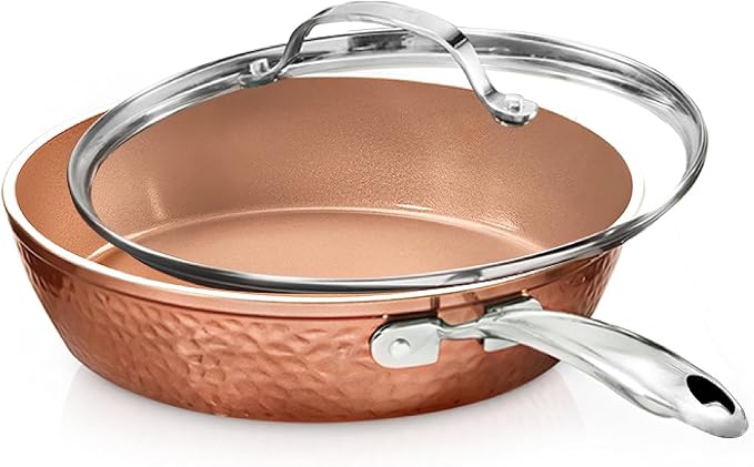 Gotham Steel 10 Inch Hammered Non Stick Frying Pans, Nonstick Frying Pan with Lid, Nonstick Pan, Ceramic Frying Pans Nonstick Skillet, Ceramic Pan, Non Stick Pan, Copper Pan, Dishwasher / Oven Safe | PFOA/PFOS/PTFE Free, Induction Compatible, Stainless...