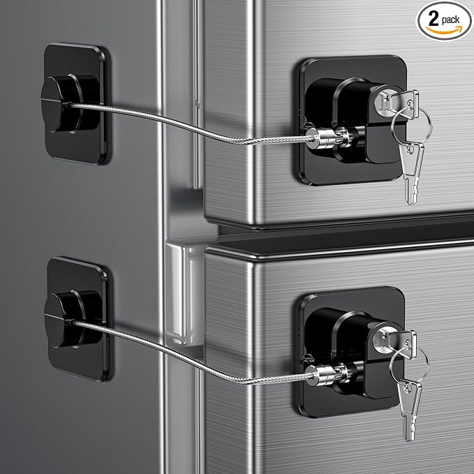 2 Pack Refrigerator Locks with 4 Keys, Child Safety Lock for Fridge Door Locks, Cabinets, Freezer, Desk Drawers, Wardrobes, Closets, Windows-No Tools Need or Drill (Patent)
