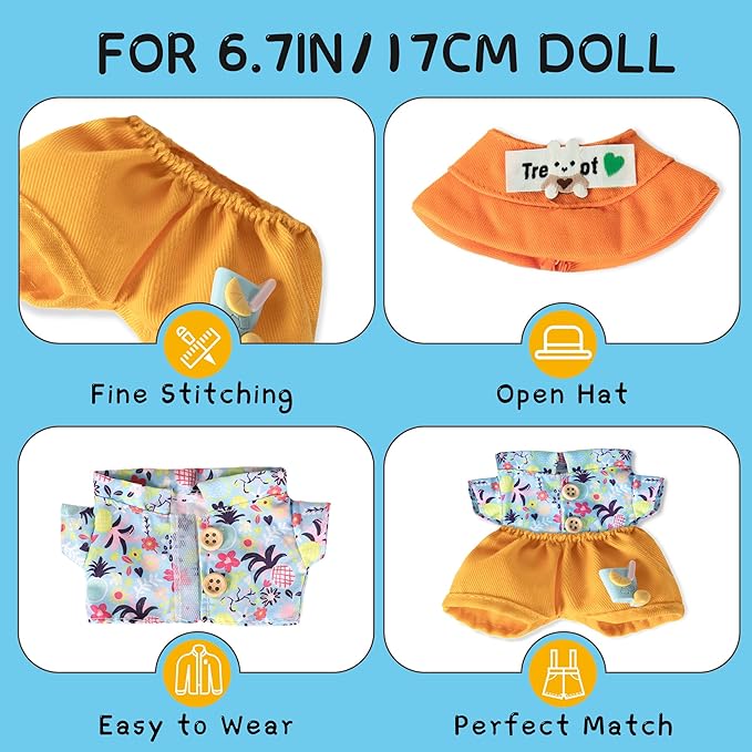 Clothes for 6.7in/17cm Doll, Set of 4 Cute Doll Accessories Includes Doll Hat+T-Shirt+Bib Pants+Shoes Set Premium Fashion Outfit for Collectors Unique Gift (Style C2)