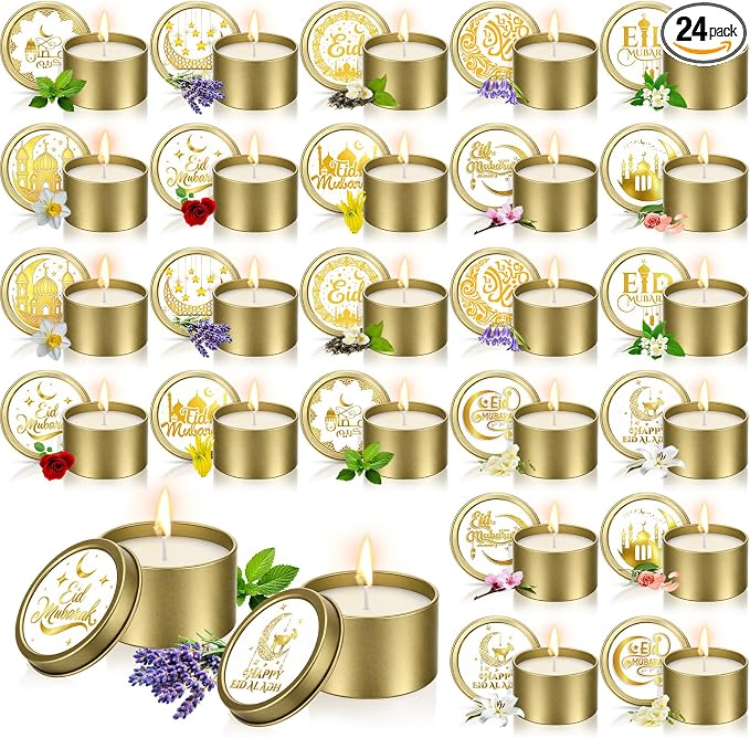 Nuanchu 24 Pack Eid Mubarak Scented Candles Gift 2 oz Golden Star and Moon Design Ramadan Aromatherapy Soy Wax Jars Lasting Bulk Favors for Home Islamic Holiday Party Decor