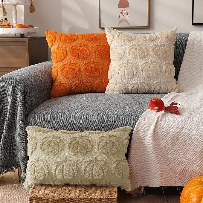 DFXSZ Fall Pillow Covers 12x20 2Pcs Beige Pumpkin Fall Decorations for Home | Fall decor Set of 2 Throw Pillow Cases Soft Plush Faux Fur Wool Couch Cushion for Chair Sofa Bedroom Living Room Home Decor