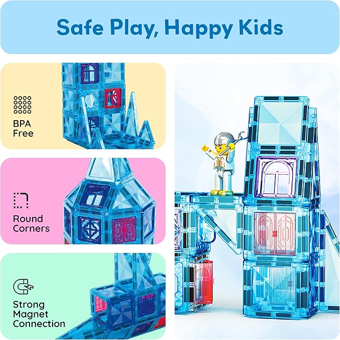 PicassoTiles 71pc Mini Diamond Series Winter Ice Theme Magnetic Tile Building Blocks 2 Character Action Figures Travel Size On-The-Go Magnet Construction Toy Set STEM Development Kit Ages 3+ PTM71