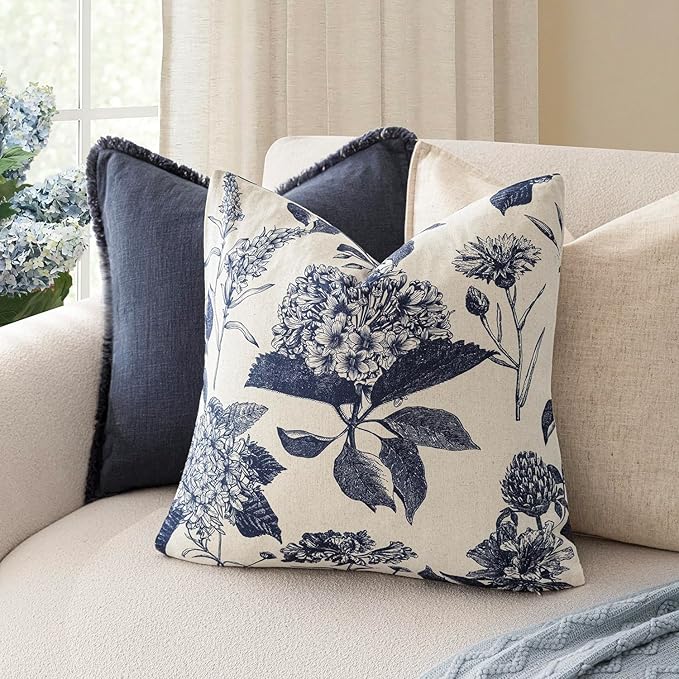 Foindtower Set of 2 Linen Floral Vintage Throw Pillow Covers Neutral Accent Print Decorative Cozy Cushion Covers Farmhouse Boho Home Decor for Sofa Chair Couch Bed Living Room,24×24 Inch,Navy Blue