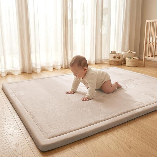 ACOMOPACK Baby Play Mat for Floor 1.3" Thick Memory Foam Play Mat 39"×59" Tummy Time Crawling with Non-slip Bottom for Living Room,Nursery,Soft Velvet Playpen Mats for Kids,Infants（Beige）