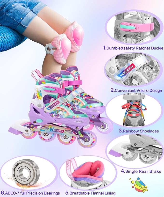 Unicorn Rainbow Inline Skates for Girls Teens Womans,4-Pejiijar Roller Skates for Girls Ages 6-8-12 w/Luminous Wheels,Kids Adjustable Roller Shoes for Birthday Xmas Gifts