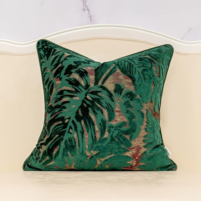 Alerfa 20 x 20 Inch Green Teal Square Maple Leaf Pillow Embroidery Cut Velvet Cushion Case Luxury Modern Lumbar Throw Pillow Cover Decorative Pillow for Couch Sofa Living Room Bedroom Car