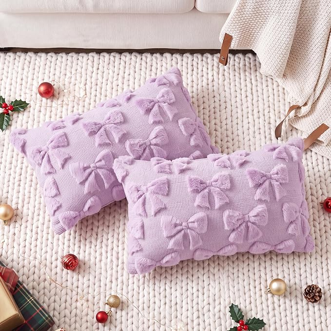 Mixweer Purple Bow Pillow Covers Set of 2 Preppy Room Decor Coquette Cute Spring Summer Decorative Faux Fur Soft Bowknot Stuff Fluffy Plush Aesthetic Pillowcase for Bed Sofa Couch (12 x 20 Inch)