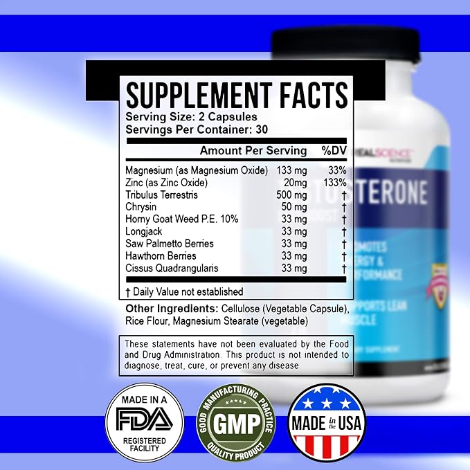 Real Science Nutrition Daily Boost Free Testosterone Booster for Men - Strongest Supplement for Muscle Growth, Bodybuilding & Energy with 9 Powerful Ingredients - 60 Capsules