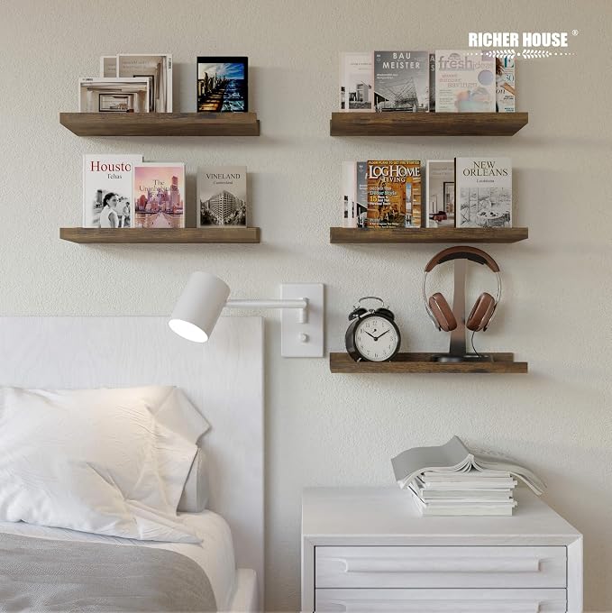 RICHER HOUSE 8 Set Floating Wall Mounted Shelves, Nursery Hanging Book Shelves with Lip for Storage, Display Picture Ledge Shelf for Bedroom Bathroom Kitchen Living Room Wall Decor, Rustic Brown | Display Picture Ledge Shelf, Anti-drop lip Shelf for Ro...
