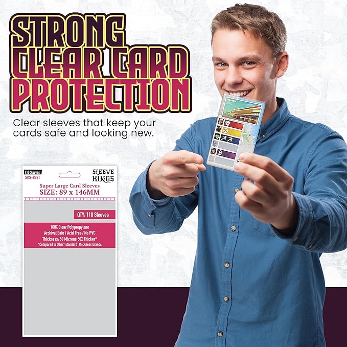 Sleeve Kings Premium Super Large Card Sleeves – 89x146mm, 110 Pack, 60 Micron Thick, Extra Clear, Acid-Free, PVC-Free, Compatible with Kingdom Death: Monster, The Elder Scrolls: Call to Arms & More
