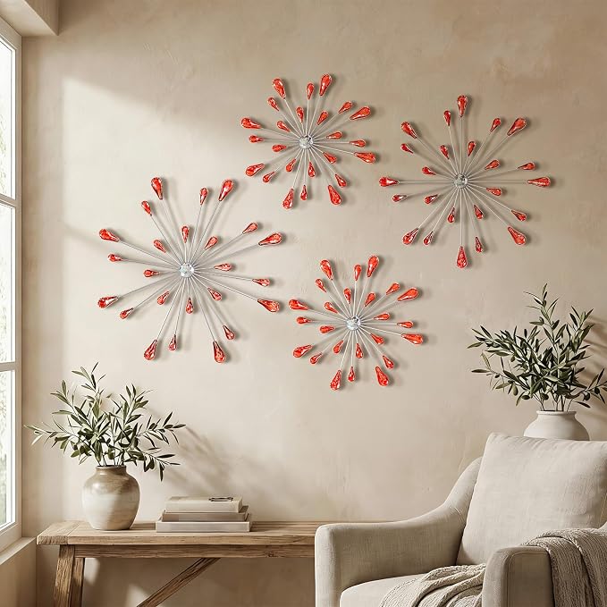 ZEXUIRU 4 Set Silver Starburst Wall Art for Home Decor Metal Bling Crystal Rhinestones Sunburst Wall Decor Sparkling Rhinestone Art Accent -Red 13in/11.8in/9.8in/9.8in