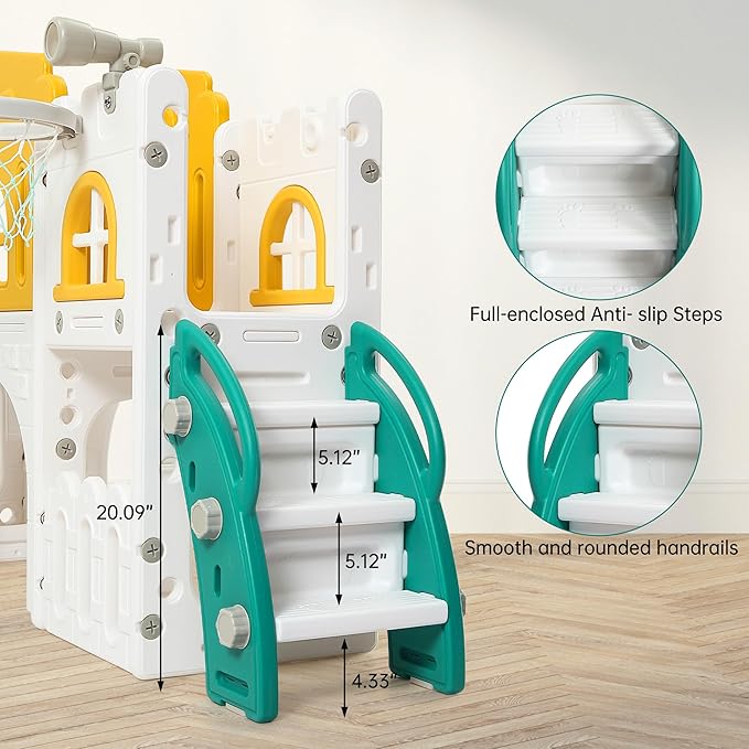 Toddler Slide 8 in 1 Toddler Playset for Toddlers Age 1-3, Baby Playset for Indoor Outdoor Playground with Climber, Crawling Tunnel, Basketball Hoop, Telescope, Toy Storage