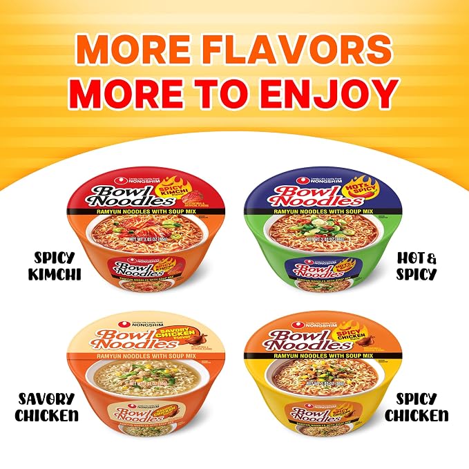 Nongshim Spicy Chicken Noodle Soup Bowl Soup Mix, 6 Pack, Korean-Style Ramen Noodle Instant Soup, Microwaveable